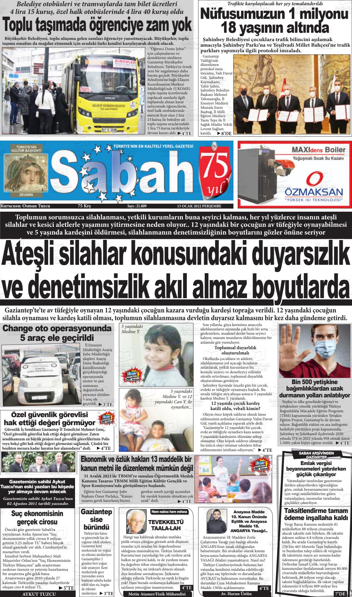 13 Ocak 2022 Gaziantep Sabah Gazete Manşeti