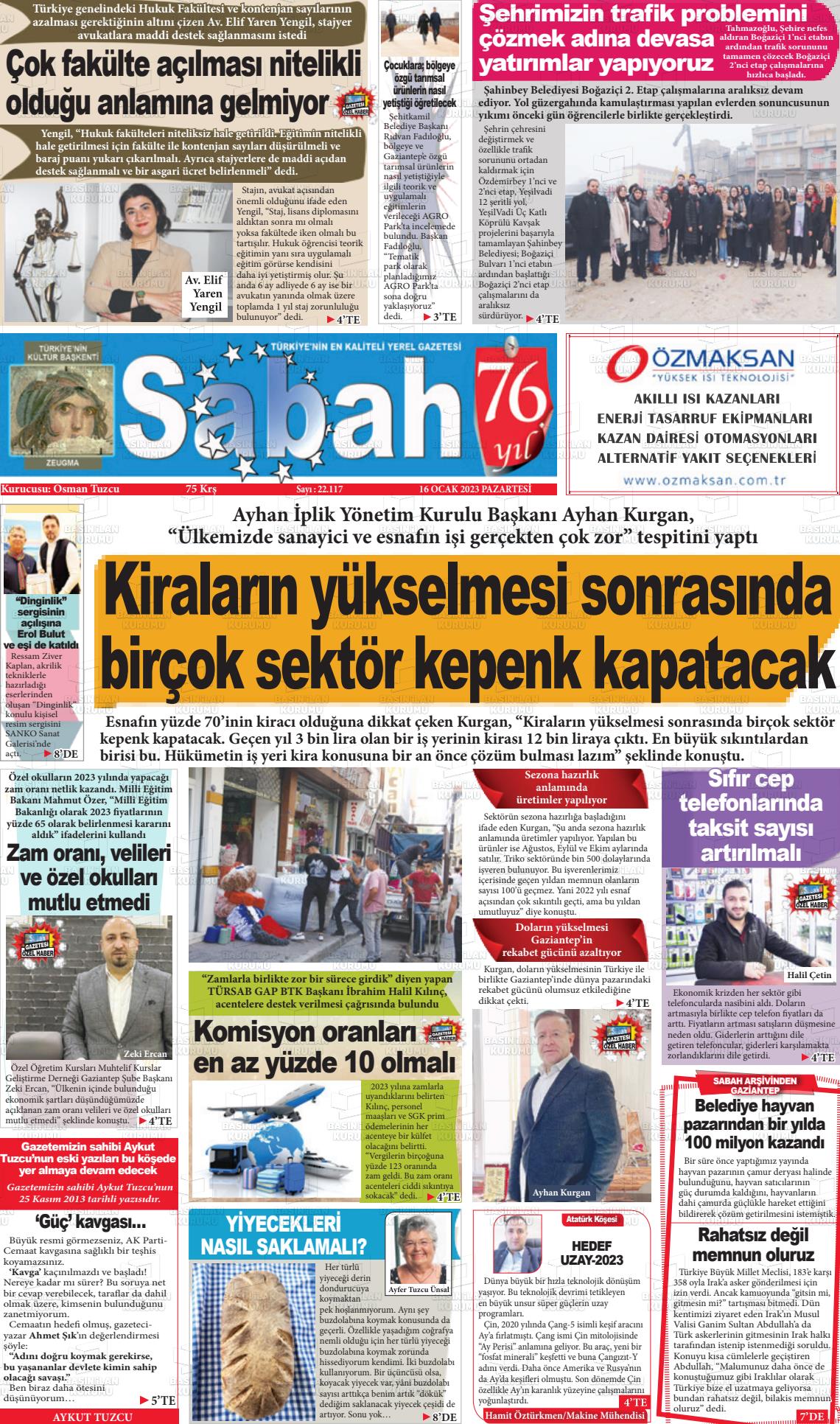 16 Ocak 2023 Gaziantep Sabah Gazete Manşeti