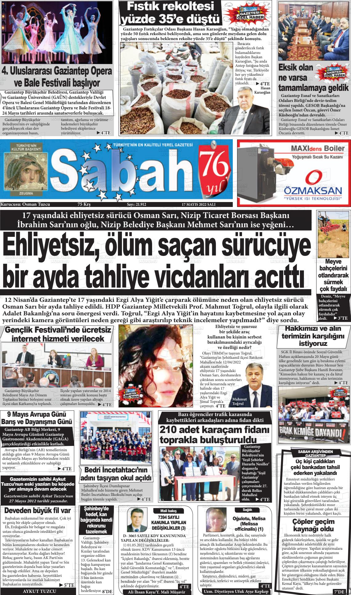 17 Mayıs 2022 Gaziantep Sabah Gazete Manşeti