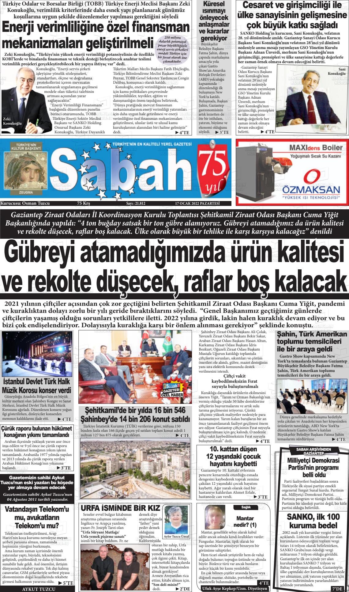 17 Ocak 2022 Gaziantep Sabah Gazete Manşeti