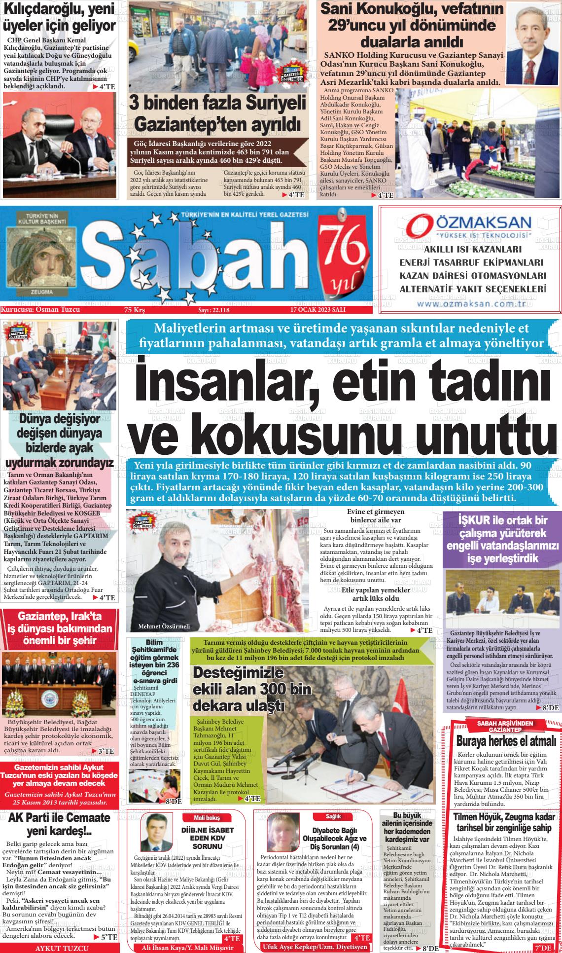 17 Ocak 2023 Gaziantep Sabah Gazete Manşeti