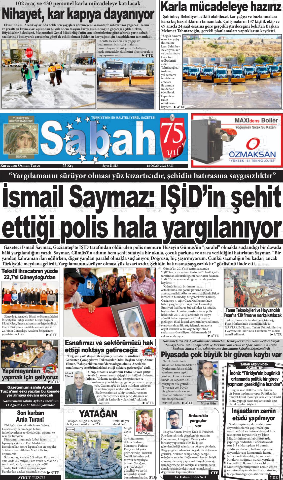 18 Ocak 2022 Gaziantep Sabah Gazete Manşeti