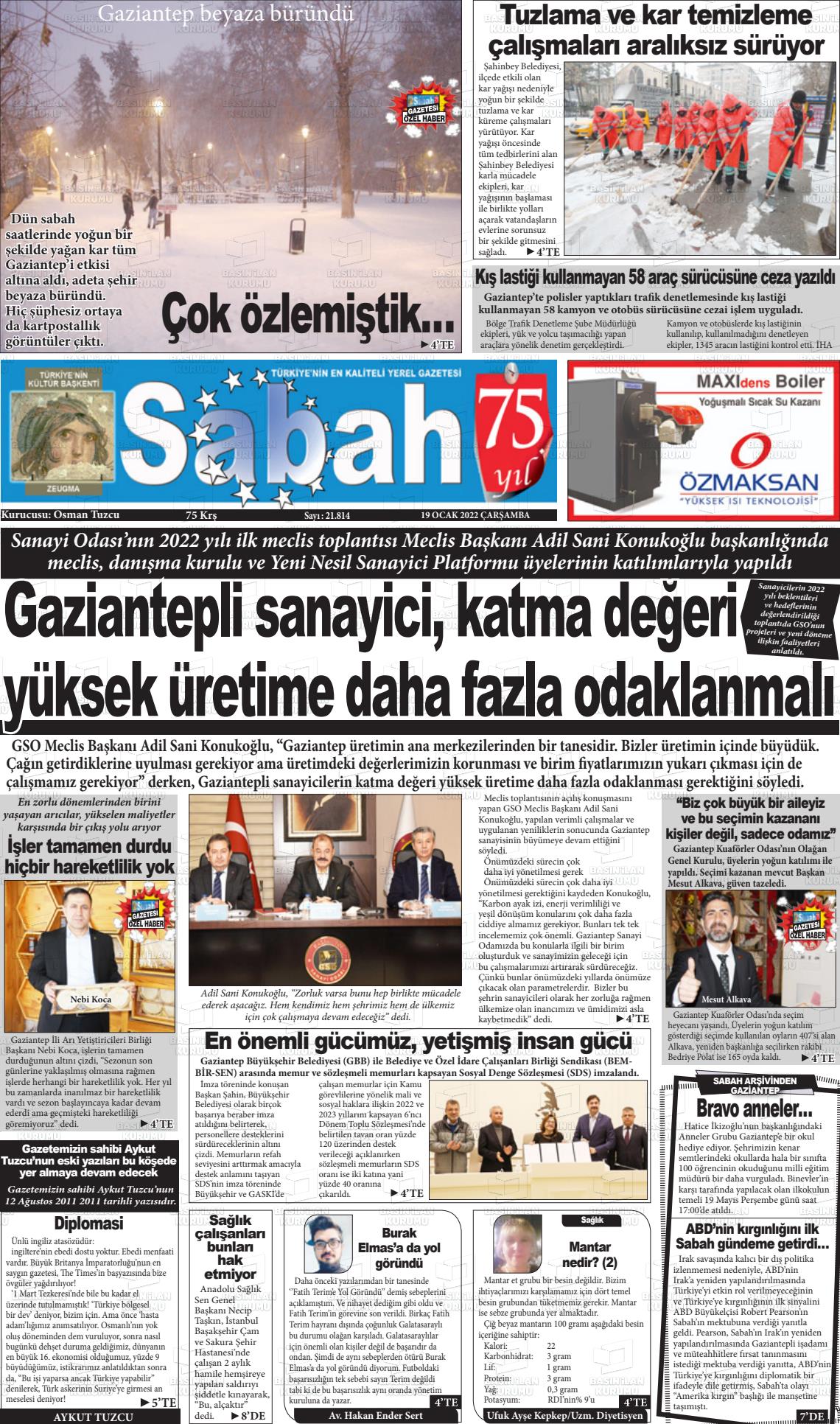 19 Ocak 2022 Gaziantep Sabah Gazete Manşeti