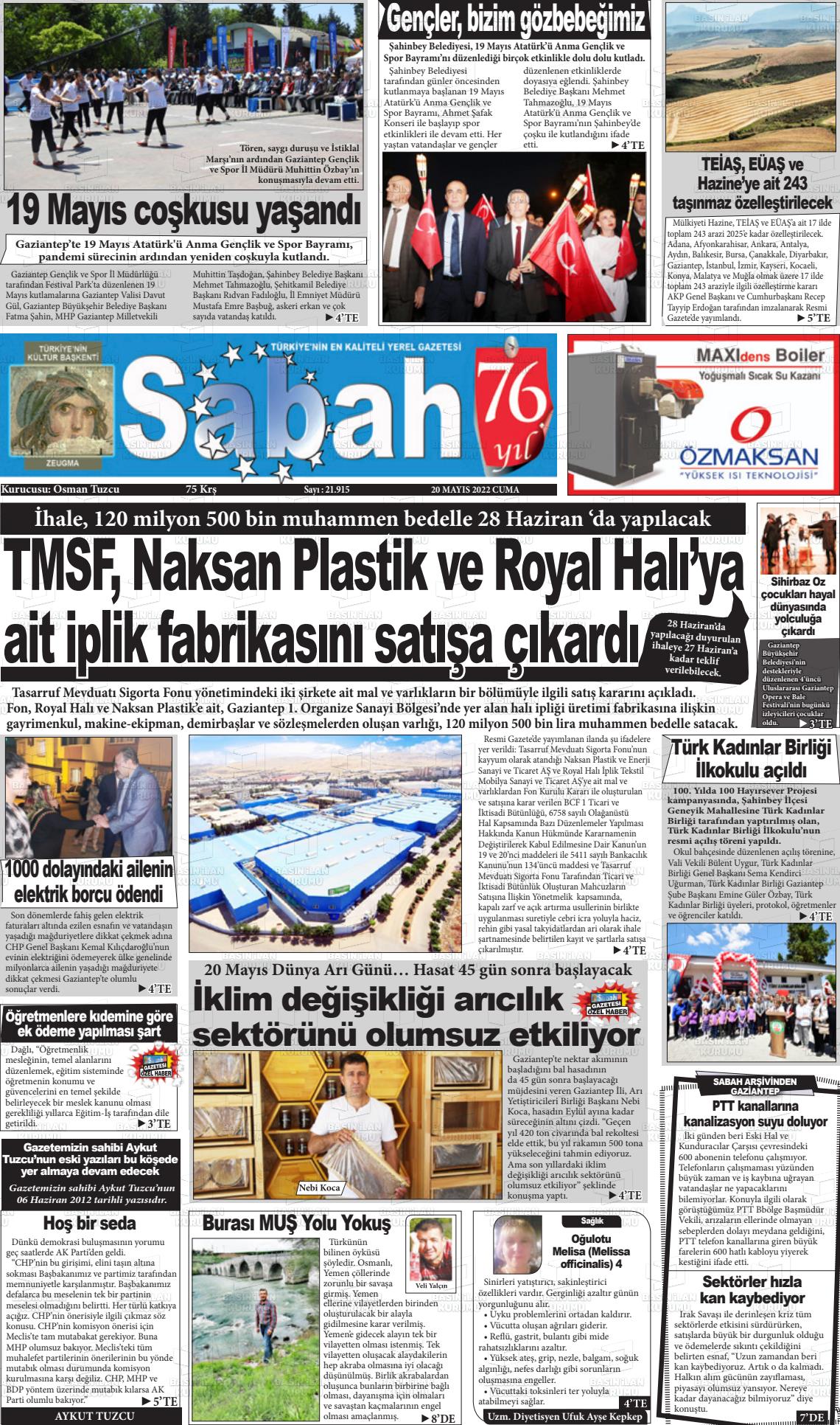 20 Mayıs 2022 Gaziantep Sabah Gazete Manşeti