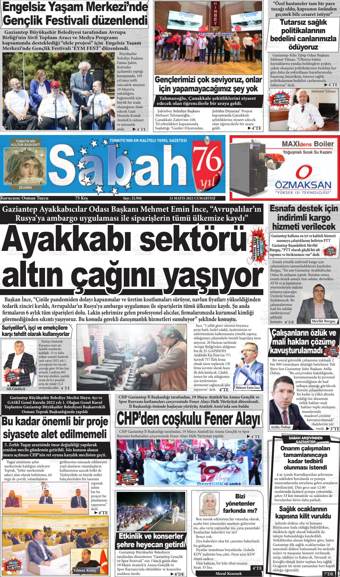 21 Mayıs 2022 Gaziantep Sabah Gazete Manşeti