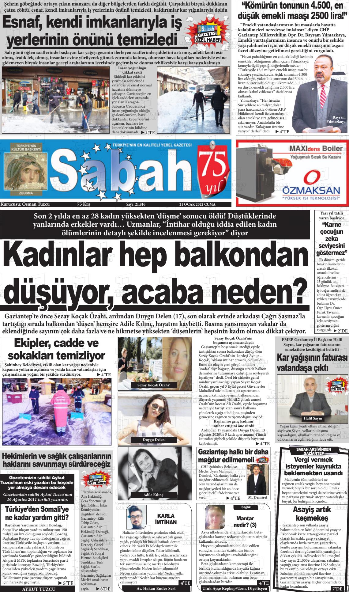 21 Ocak 2022 Gaziantep Sabah Gazete Manşeti
