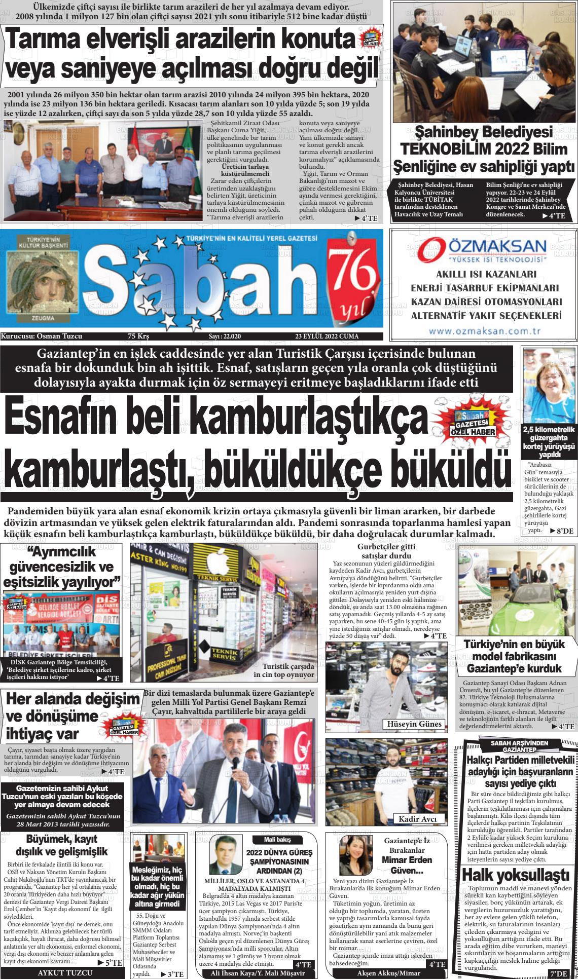 23 Eylül 2022 Gaziantep Sabah Gazete Manşeti
