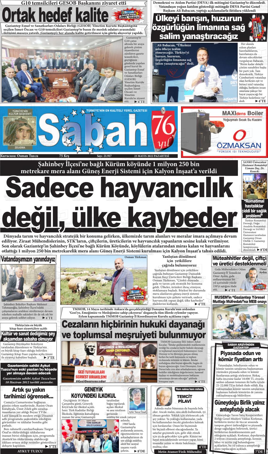 23 Mayıs 2022 Gaziantep Sabah Gazete Manşeti