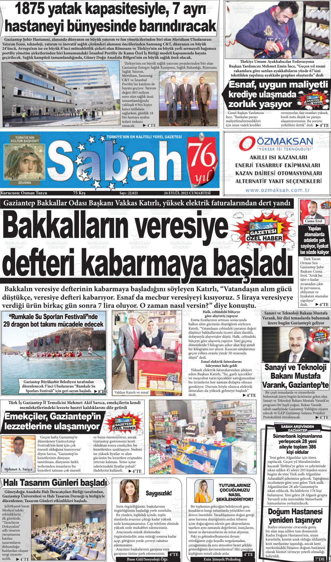 24 Eylül 2022 Gaziantep Sabah Gazete Manşeti