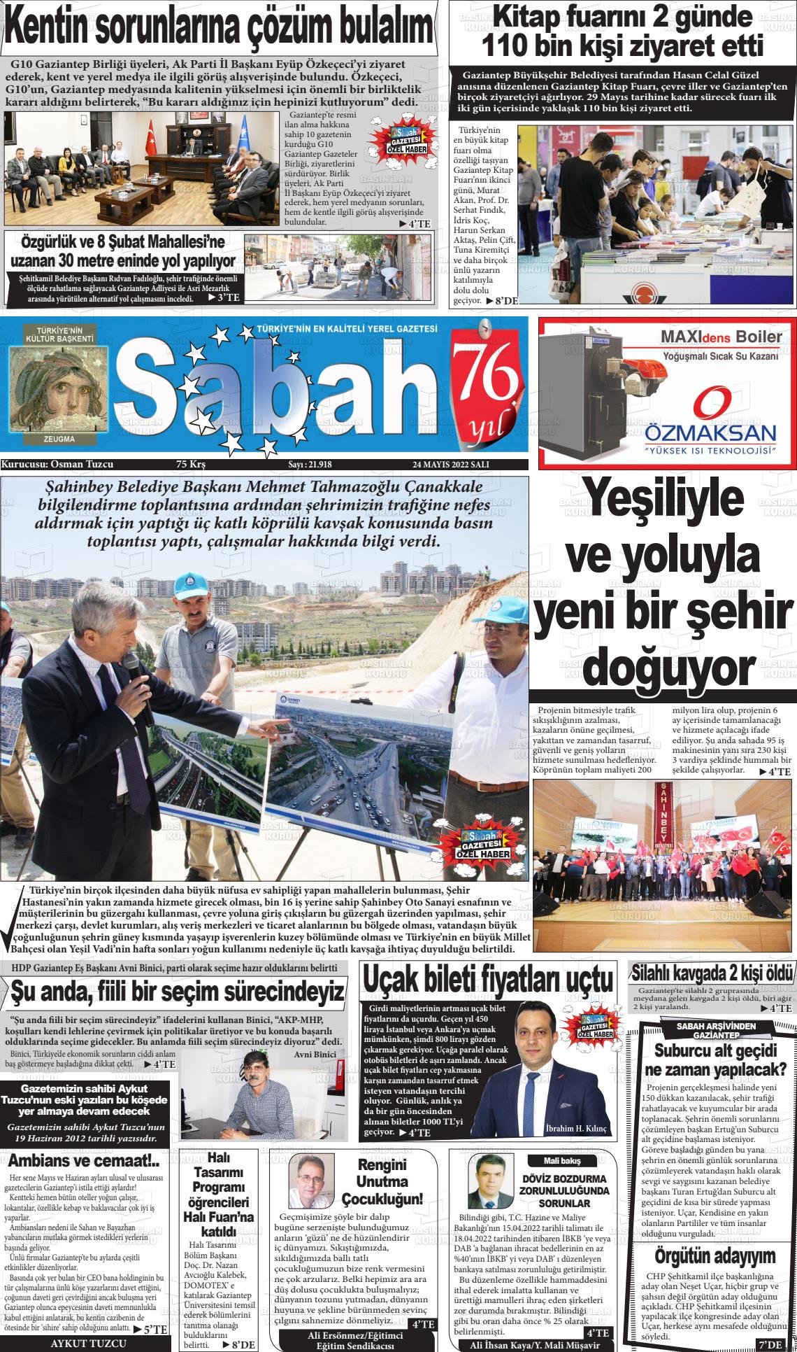 24 Mayıs 2022 Gaziantep Sabah Gazete Manşeti