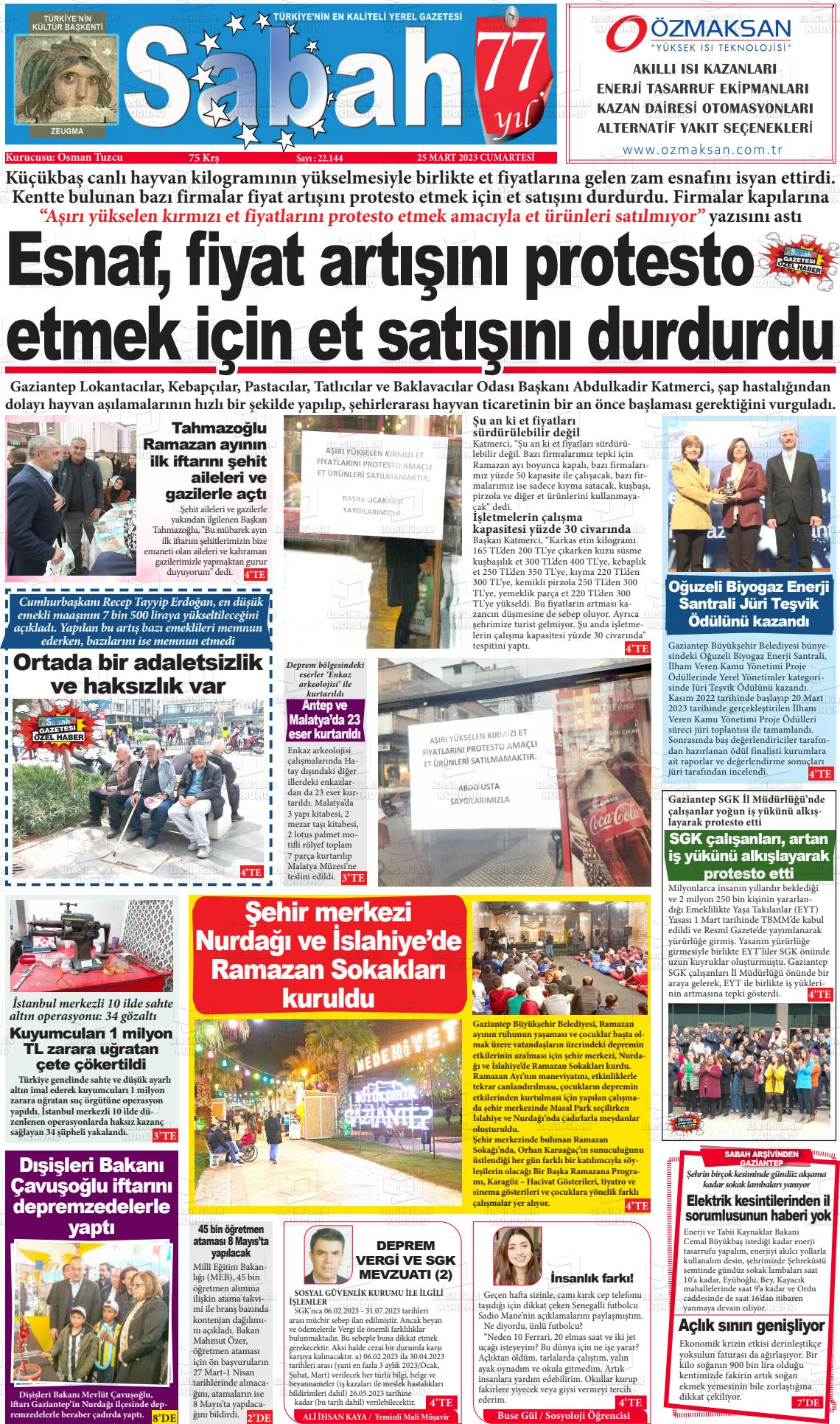 25 Mart 2023 Gaziantep Sabah Gazete Manşeti