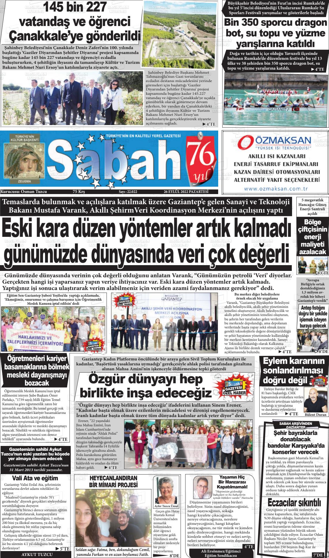 26 Eylül 2022 Gaziantep Sabah Gazete Manşeti