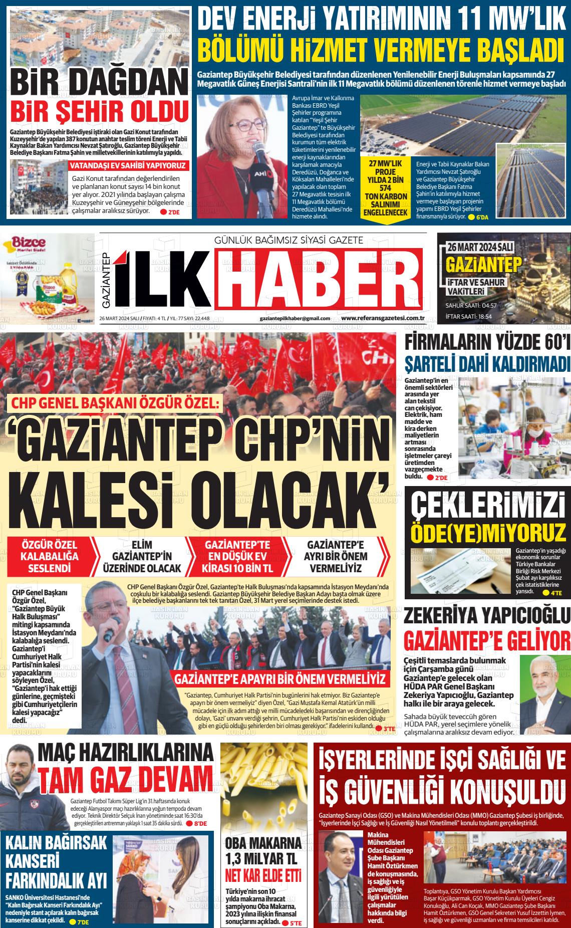 26 Mart 2024 Gaziantep Sabah Gazete Manşeti