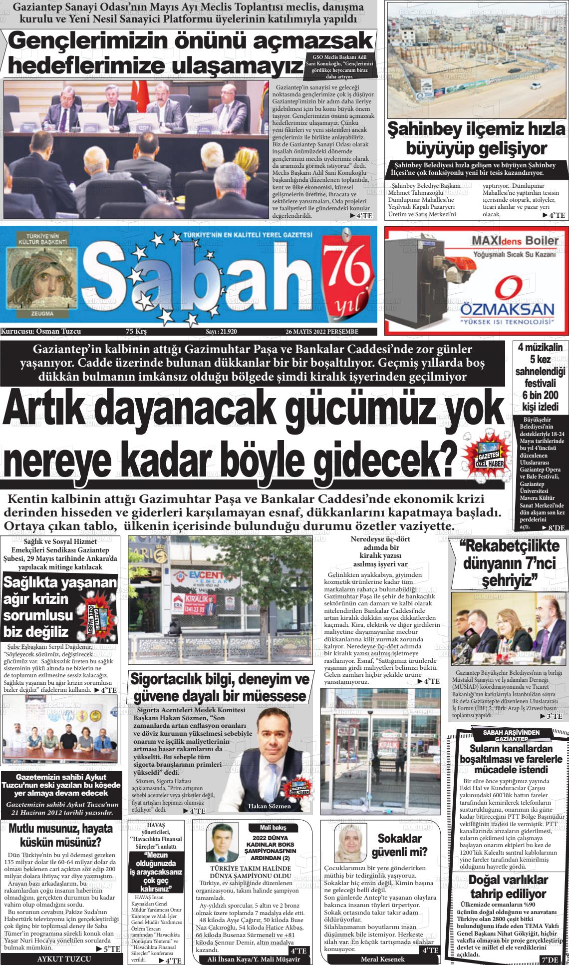 26 Mayıs 2022 Gaziantep Sabah Gazete Manşeti