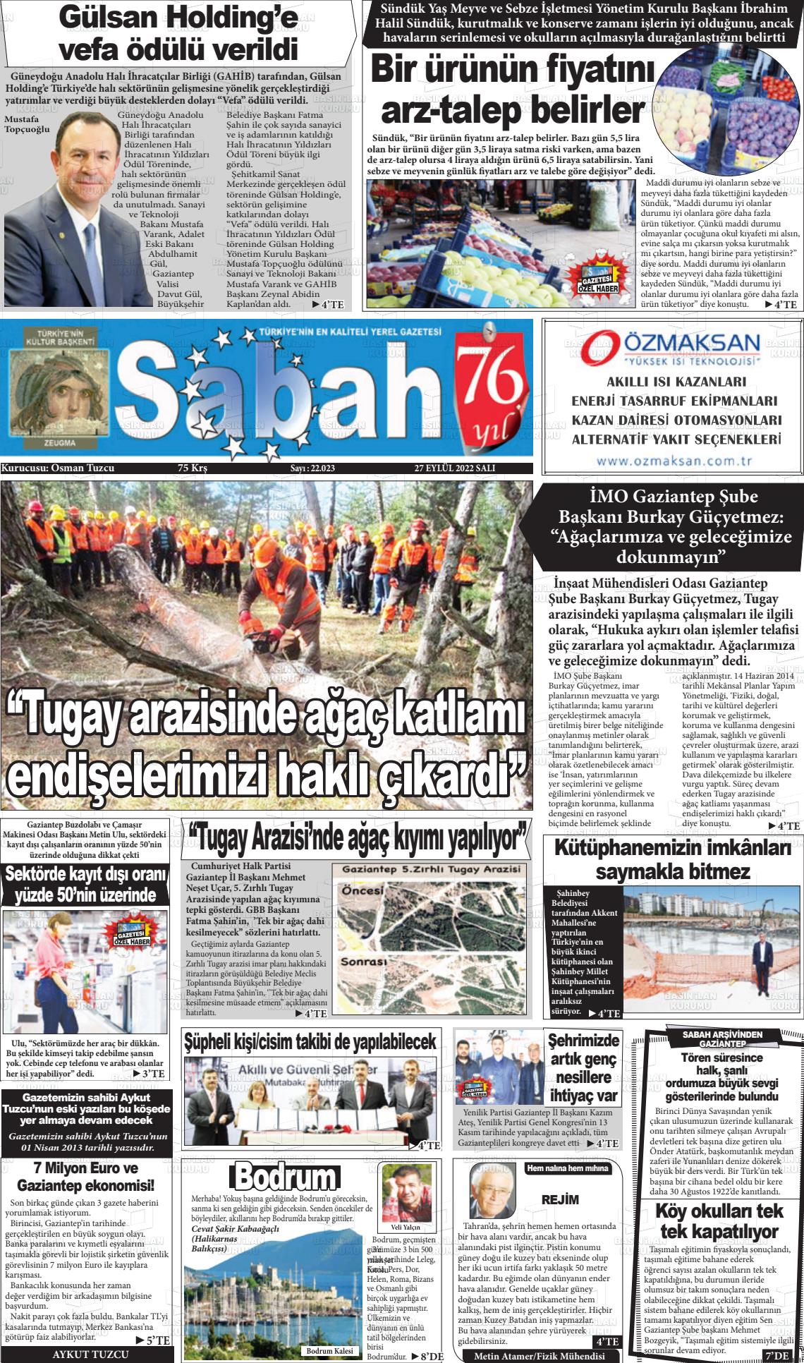 27 Eylül 2022 Gaziantep Sabah Gazete Manşeti