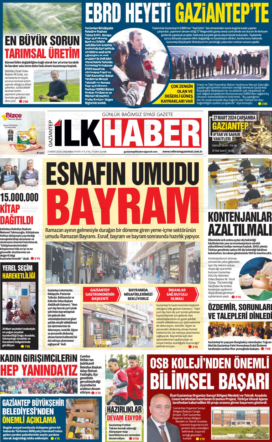 27 Mart 2024 Gaziantep Sabah Gazete Manşeti