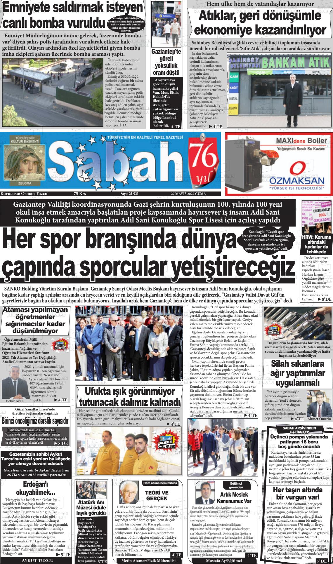 27 Mayıs 2022 Gaziantep Sabah Gazete Manşeti