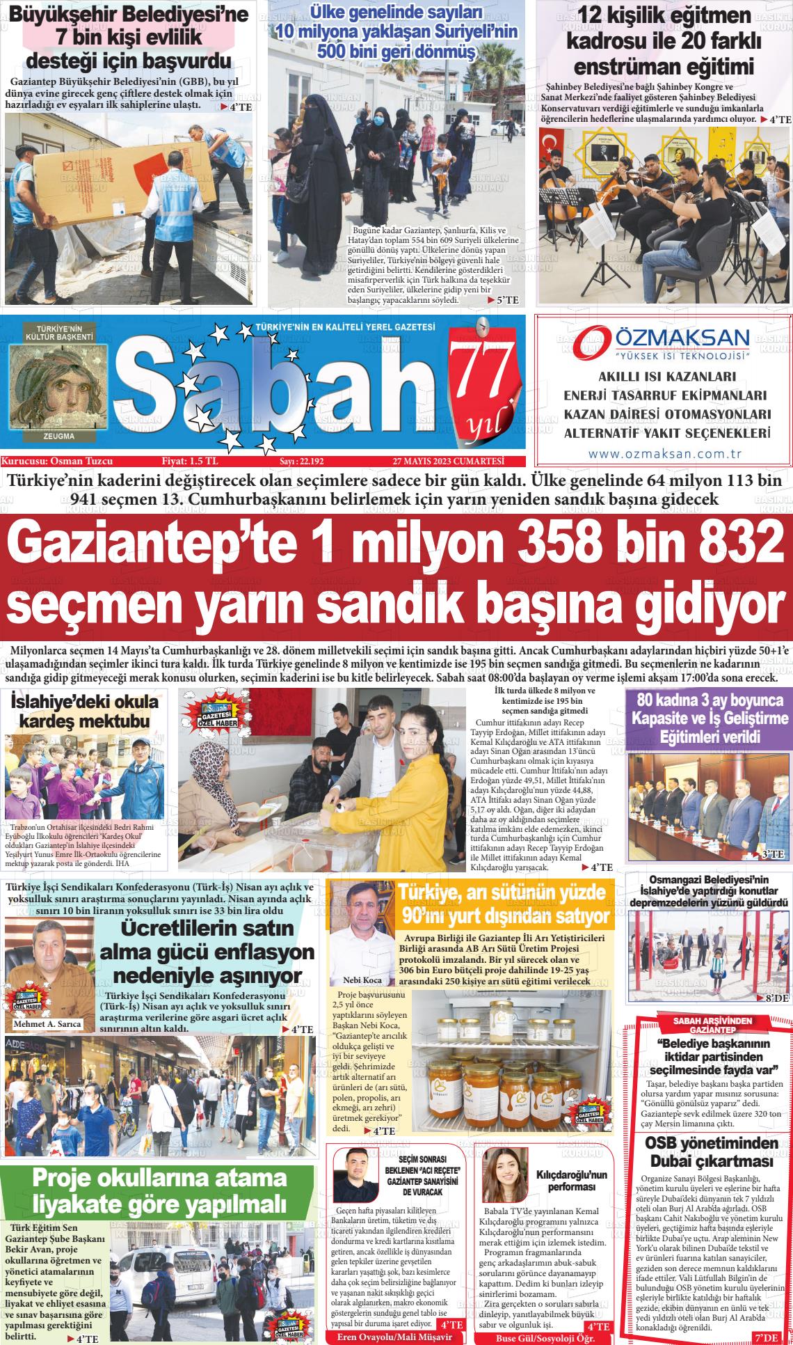 27 Mayıs 2023 Gaziantep Sabah Gazete Manşeti