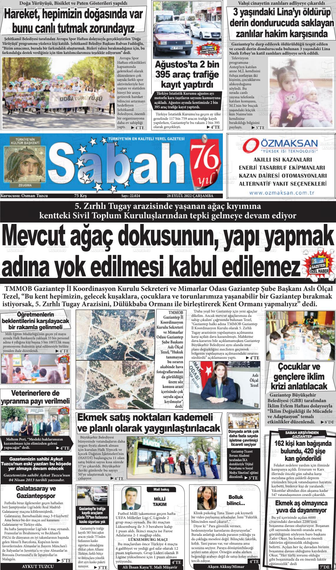 28 Eylül 2022 Gaziantep Sabah Gazete Manşeti
