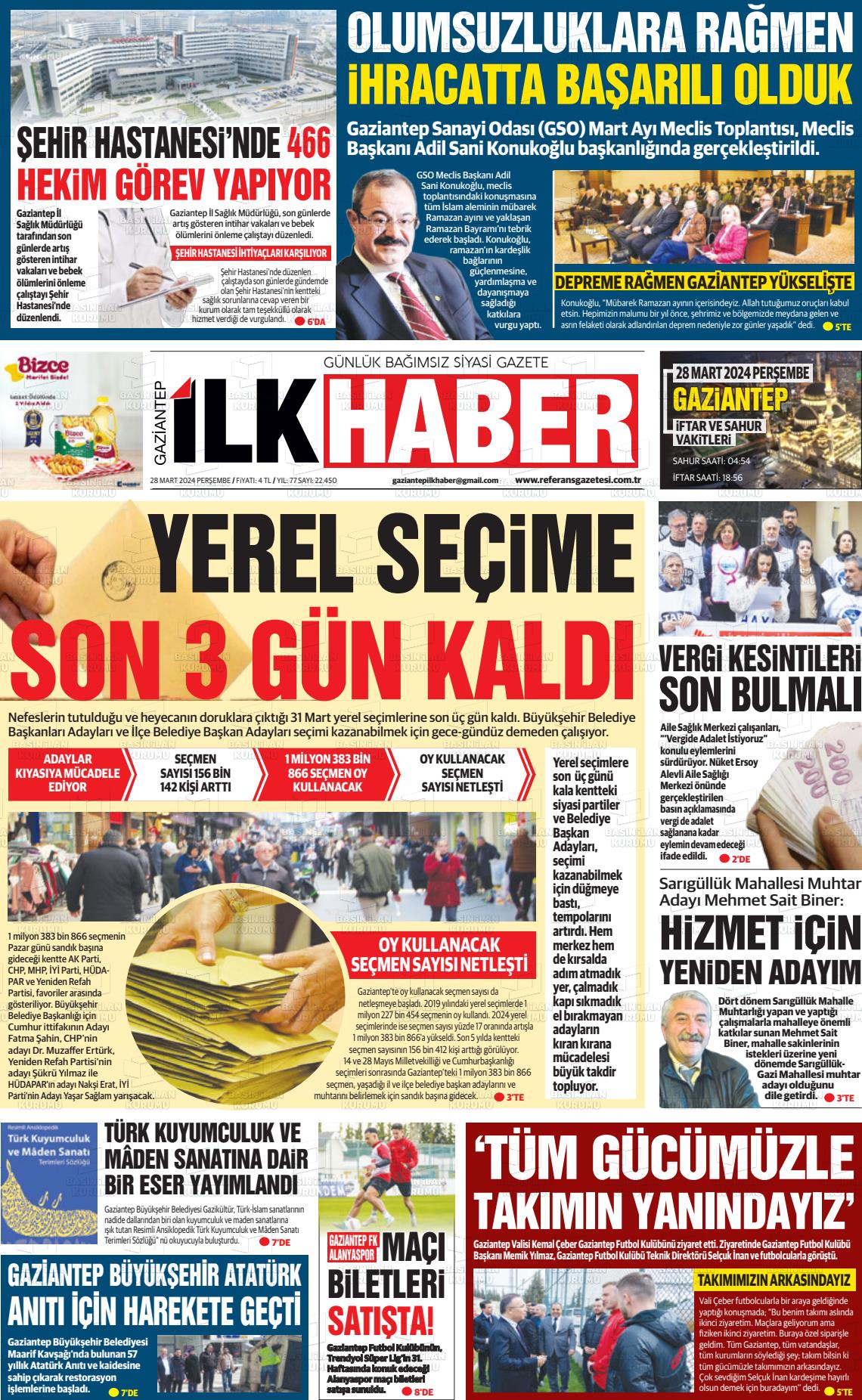 28 Mart 2024 Gaziantep Sabah Gazete Manşeti