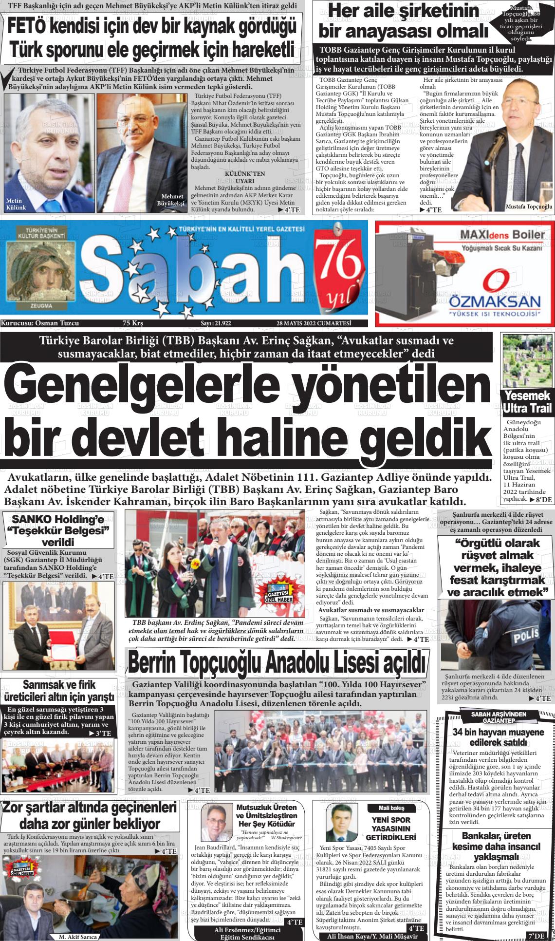28 Mayıs 2022 Gaziantep Sabah Gazete Manşeti