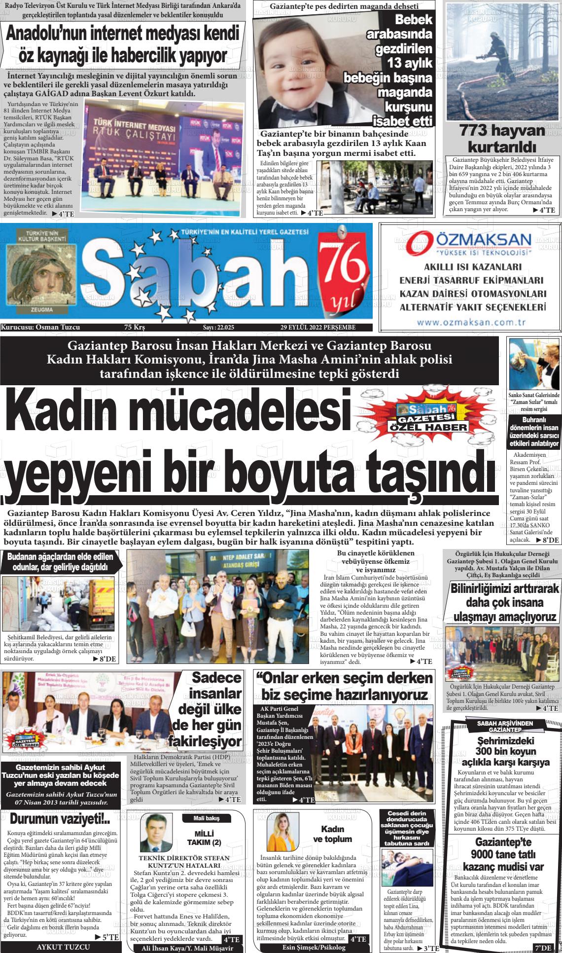 29 Eylül 2022 Gaziantep Sabah Gazete Manşeti