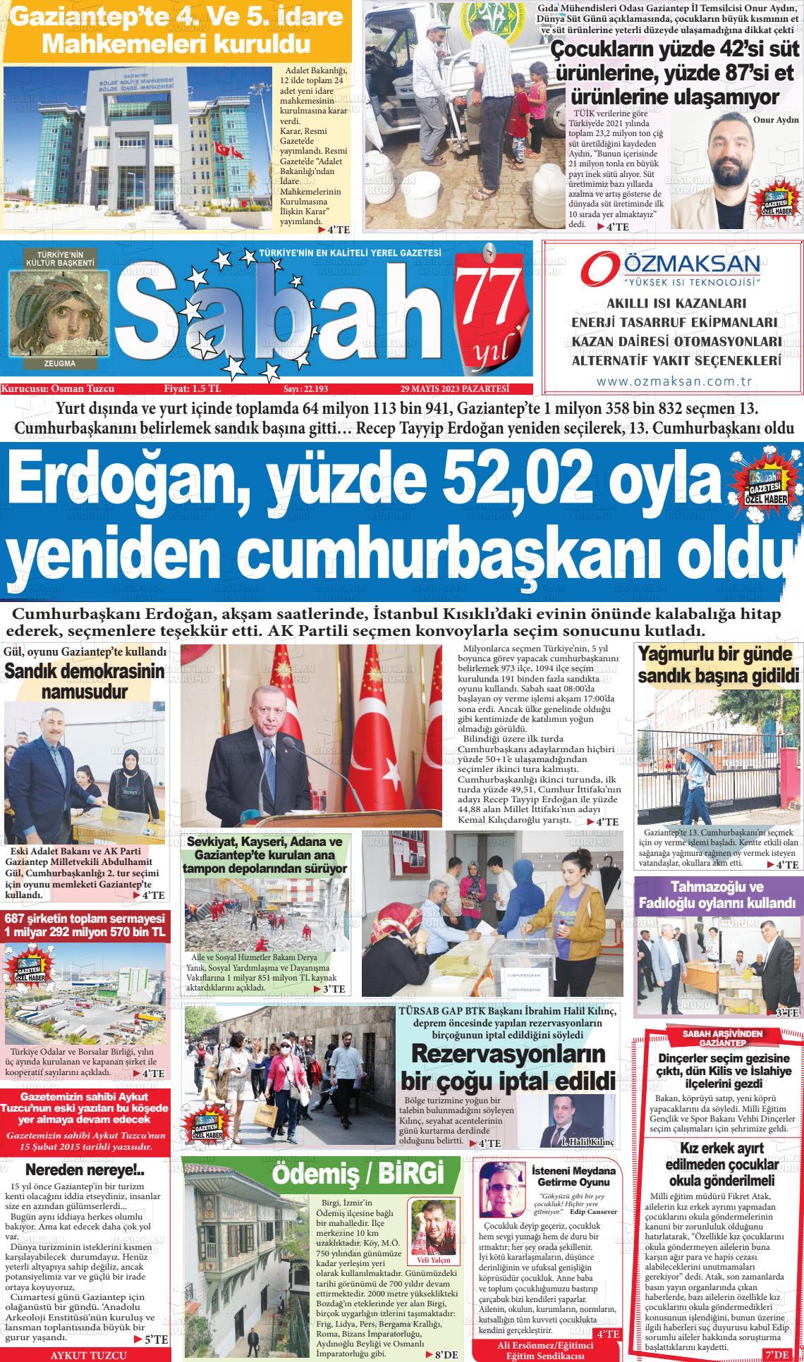 29 Mayıs 2023 Gaziantep Sabah Gazete Manşeti