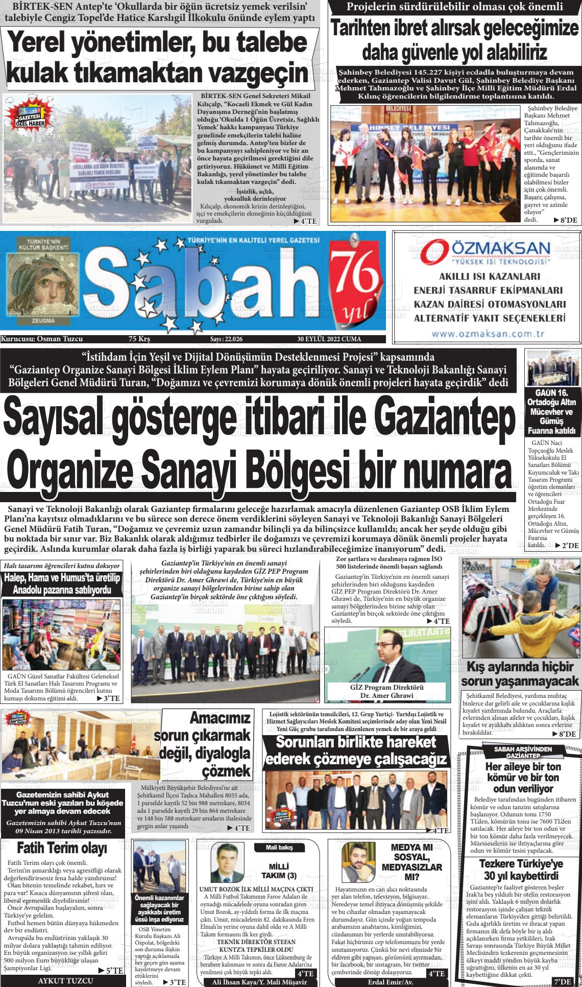 30 Eylül 2022 Gaziantep Sabah Gazete Manşeti
