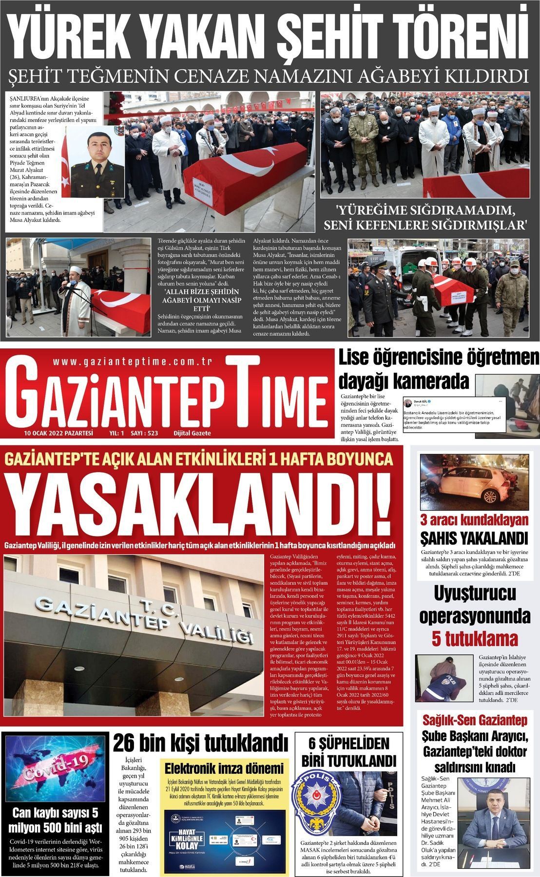10 Ocak 2022 Gaziantep Time Gazete Manşeti