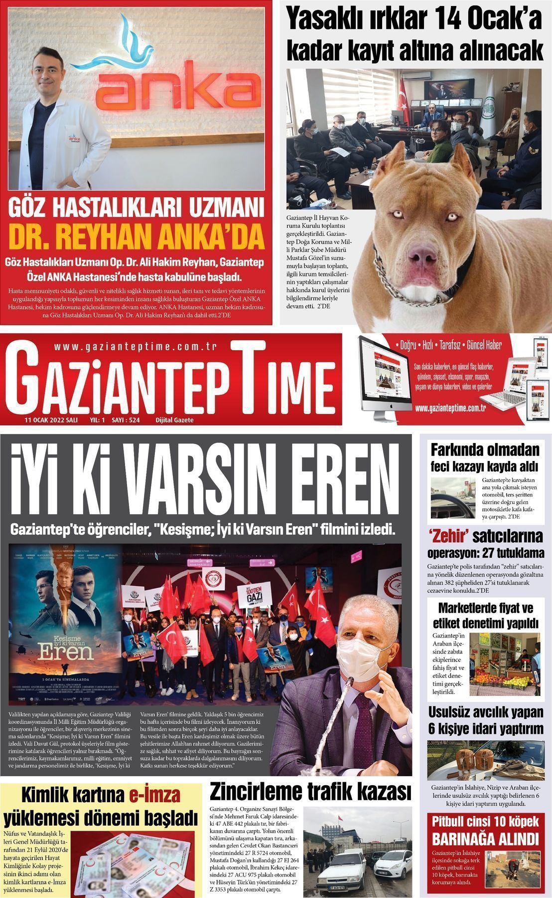 11 Ocak 2022 Gaziantep Time Gazete Manşeti