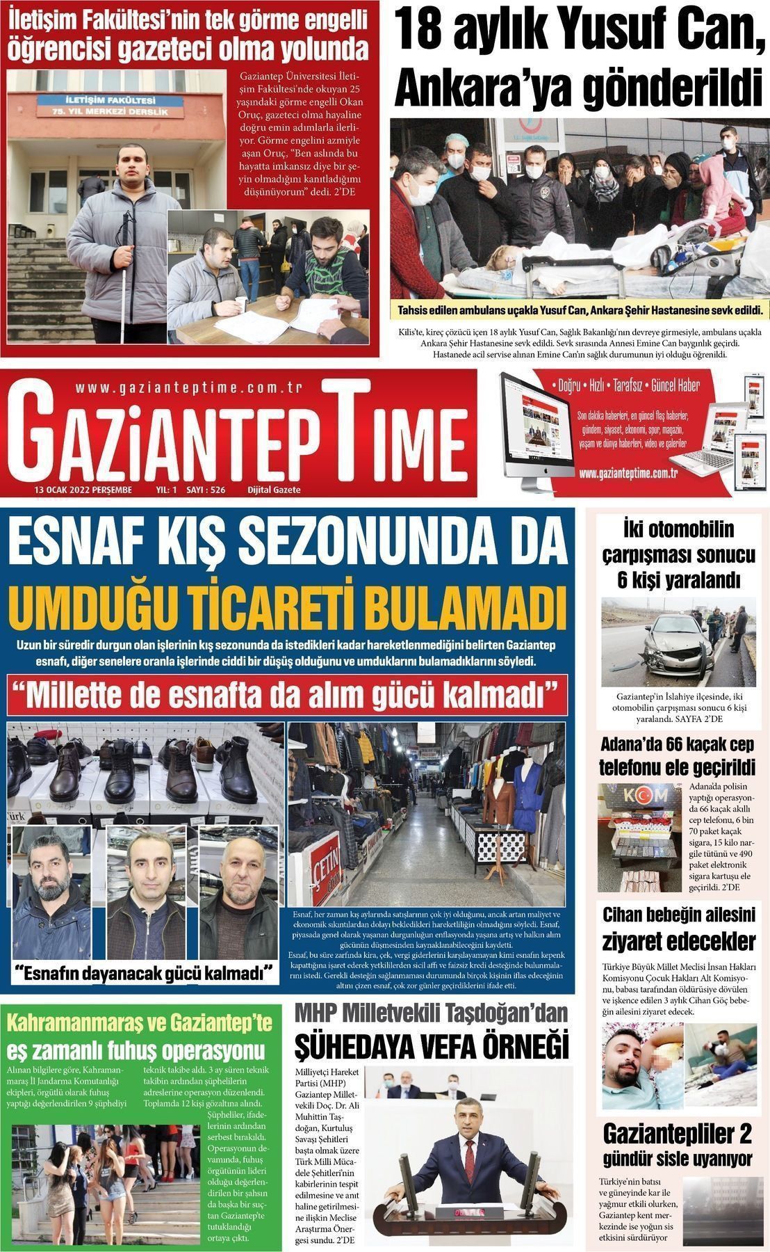 13 Ocak 2022 Gaziantep Time Gazete Manşeti