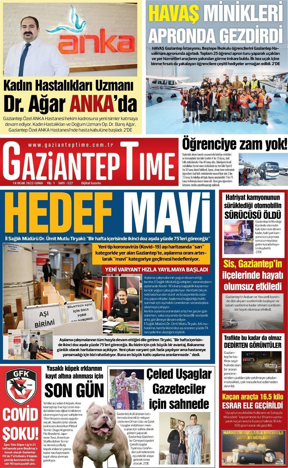 15 Ocak 2022 Gaziantep Time Gazete Manşeti