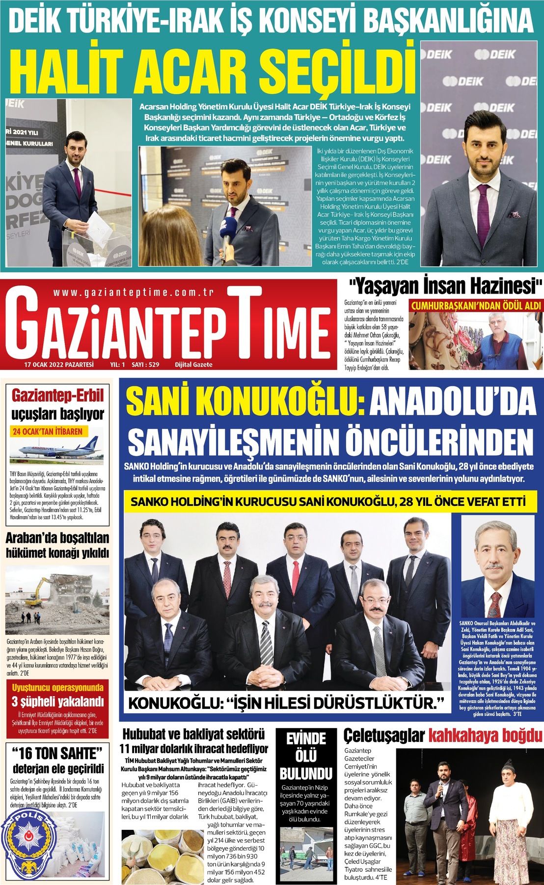 17 Ocak 2022 Gaziantep Time Gazete Manşeti
