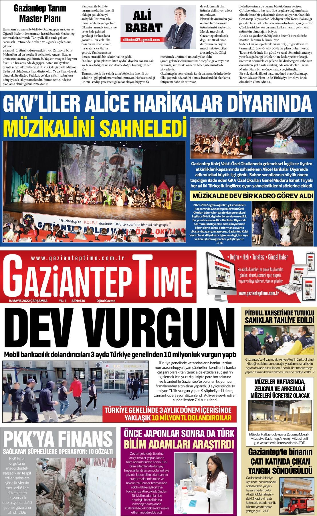 18 Mayıs 2022 Gaziantep Time Gazete Manşeti