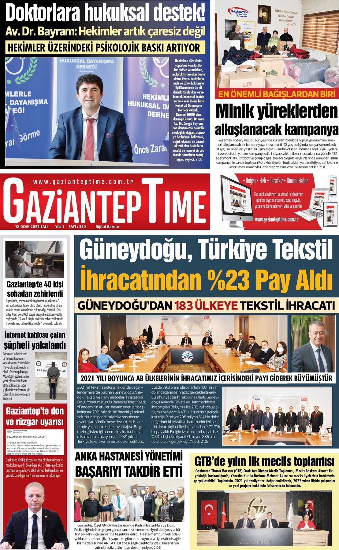 18 Ocak 2022 Gaziantep Time Gazete Manşeti