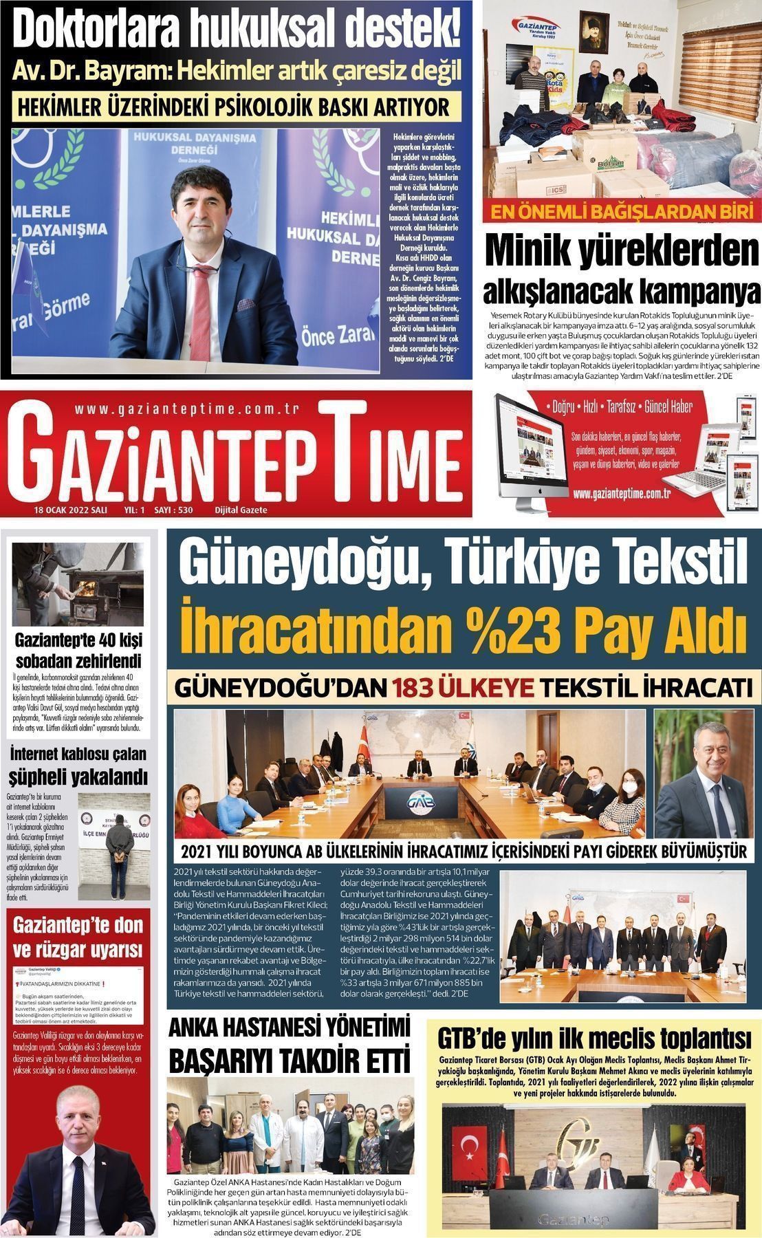 19 Ocak 2022 Gaziantep Time Gazete Manşeti