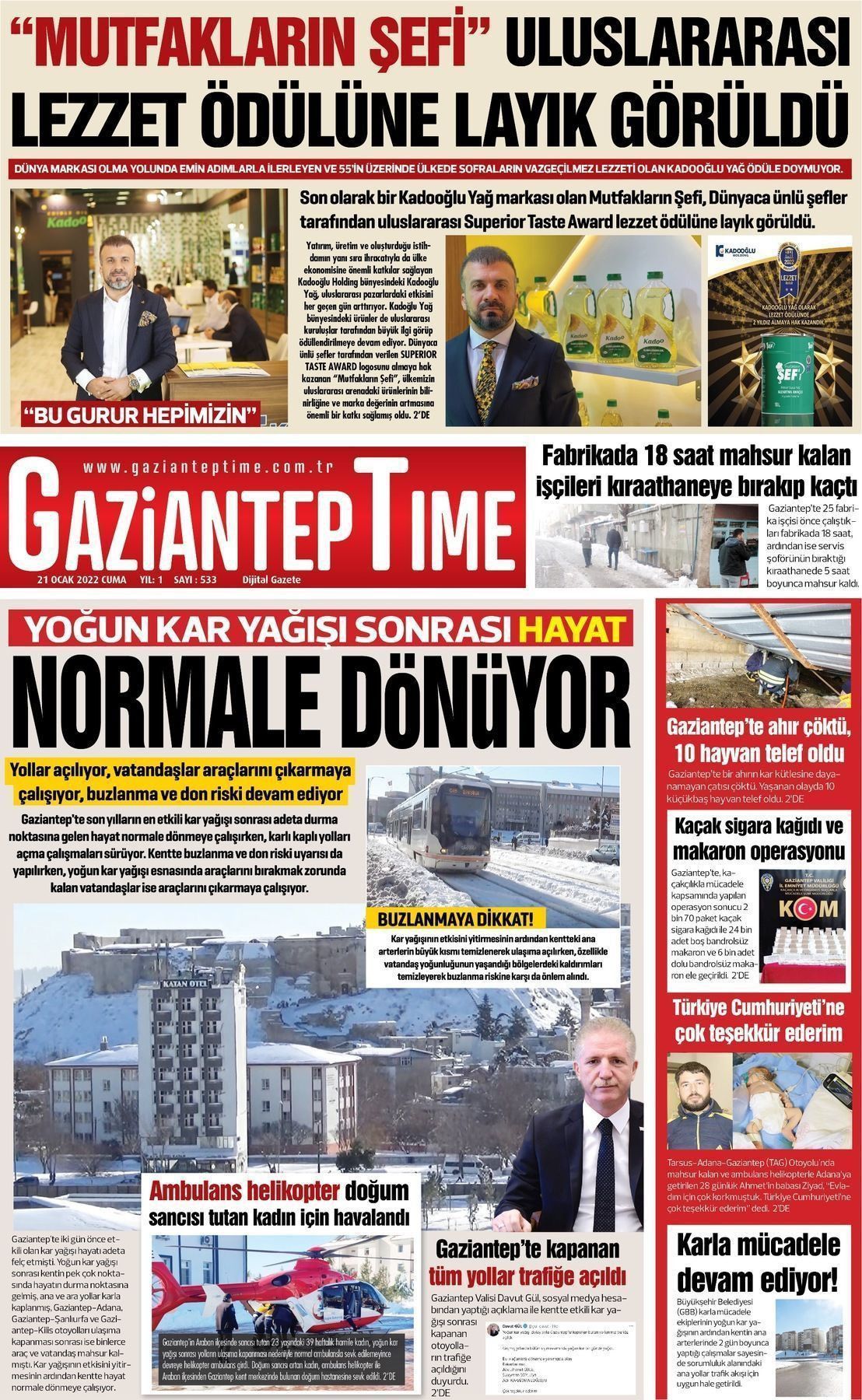 21 Ocak 2022 Gaziantep Time Gazete Manşeti