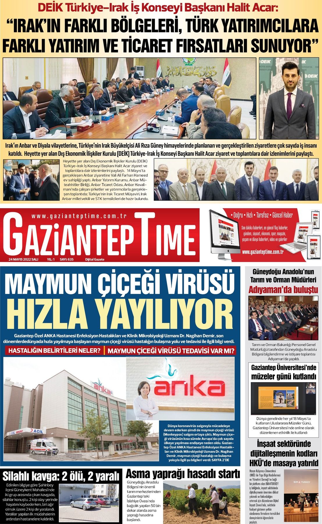 24 Mayıs 2022 Gaziantep Time Gazete Manşeti
