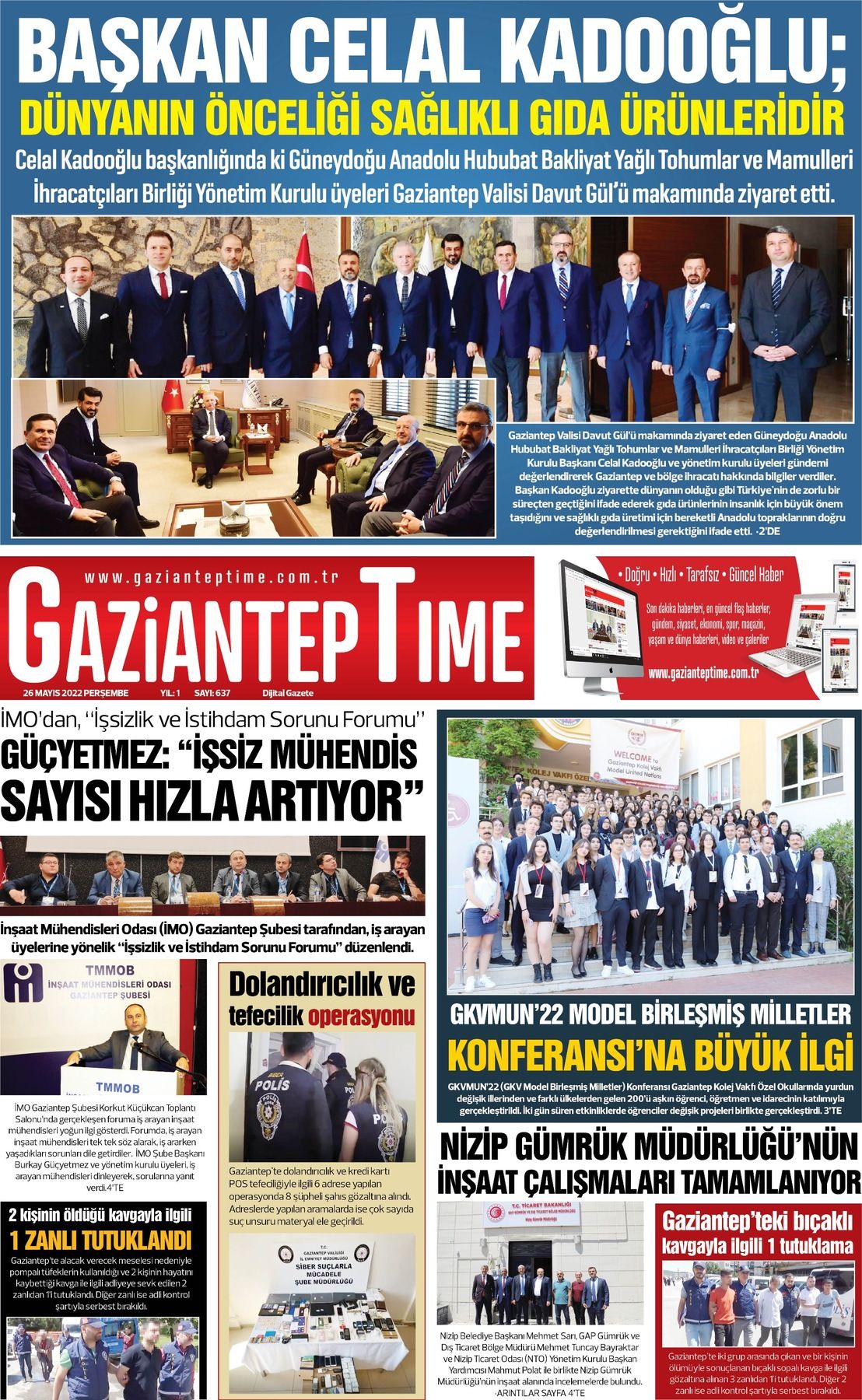 26 Mayıs 2022 Gaziantep Time Gazete Manşeti