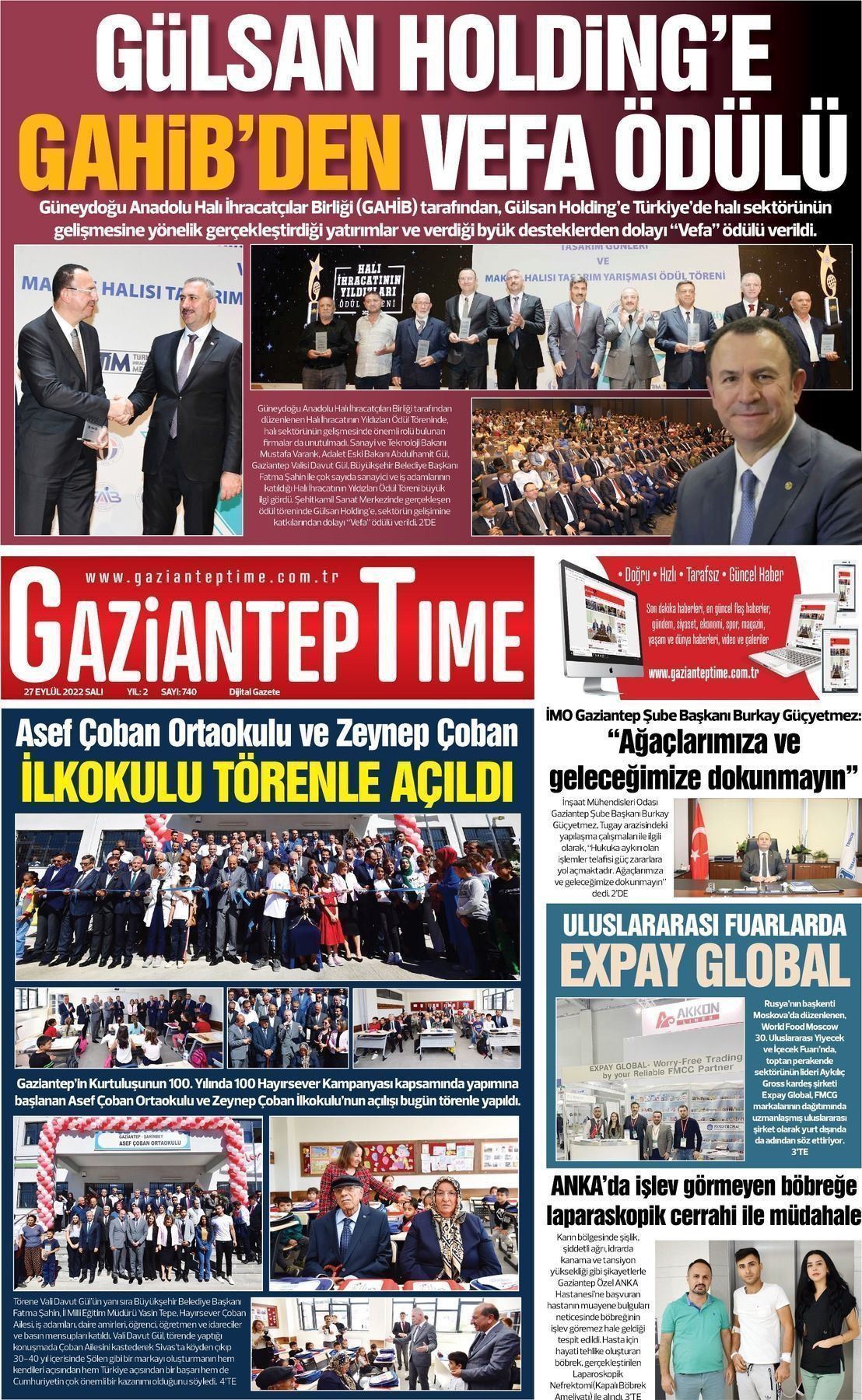 27 Eylül 2022 Gaziantep Time Gazete Manşeti