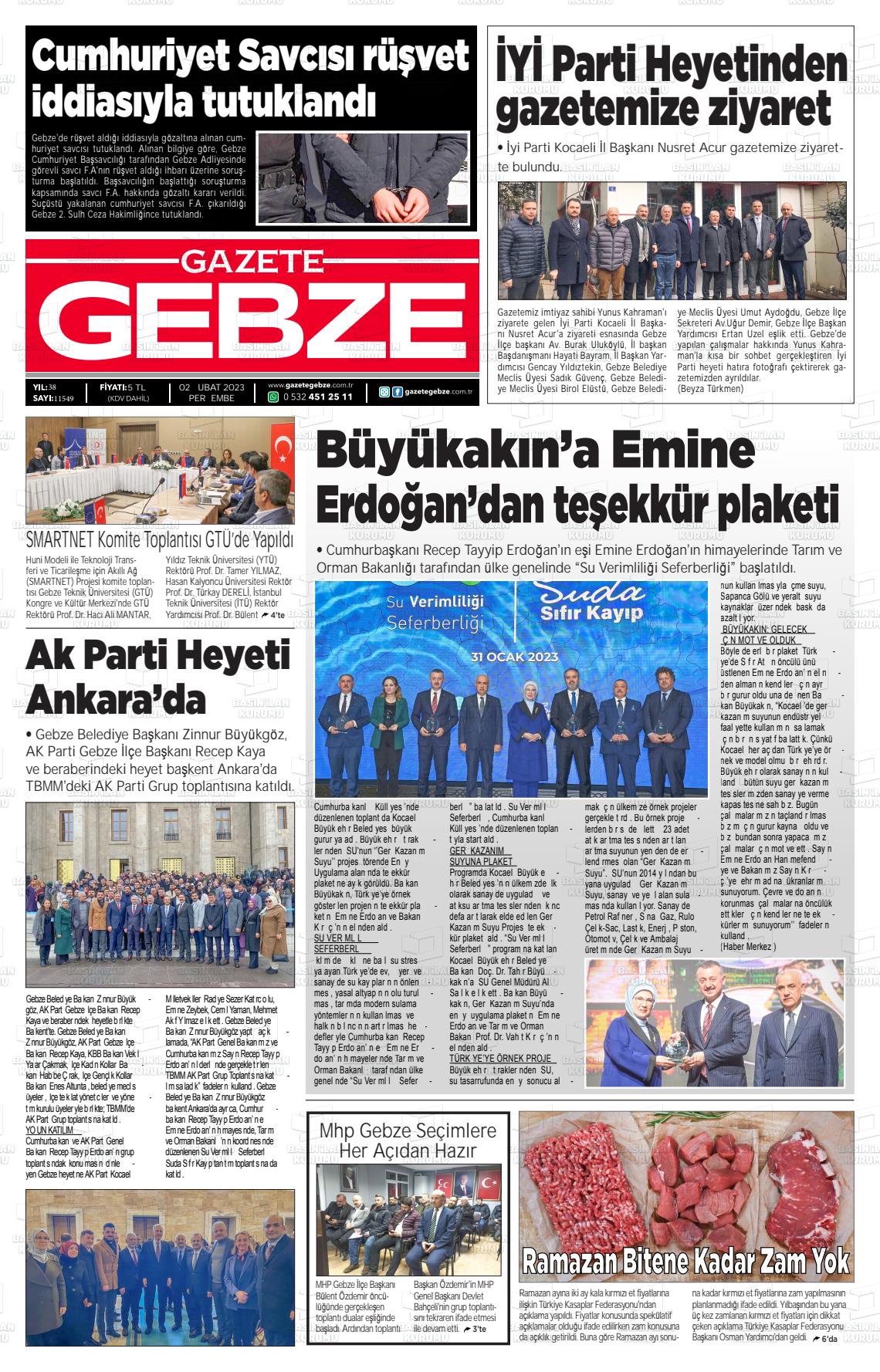 02 Şubat 2023 Gebze Gazete Manşeti