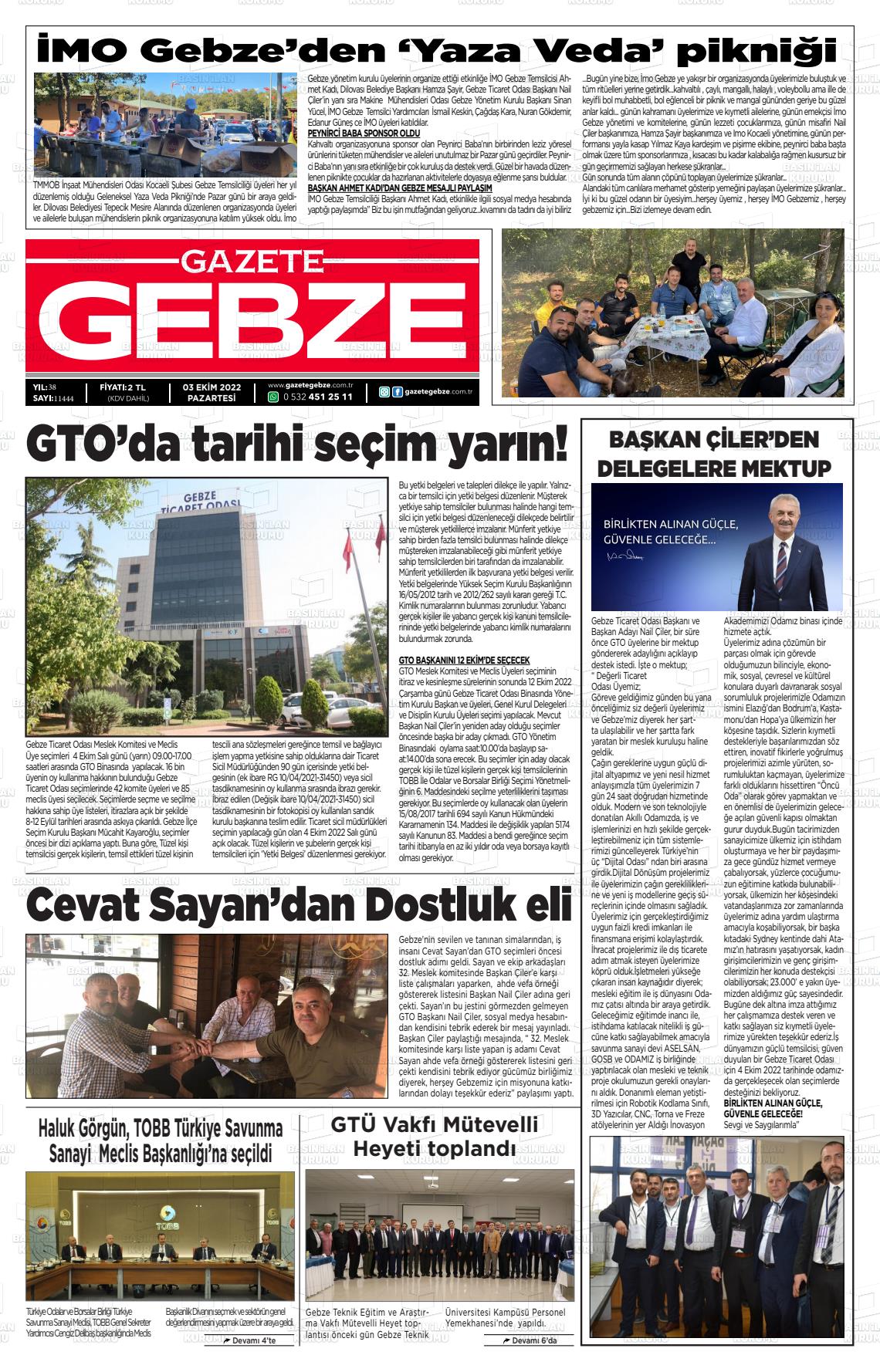 03 Ekim 2022 Gebze Gazete Manşeti