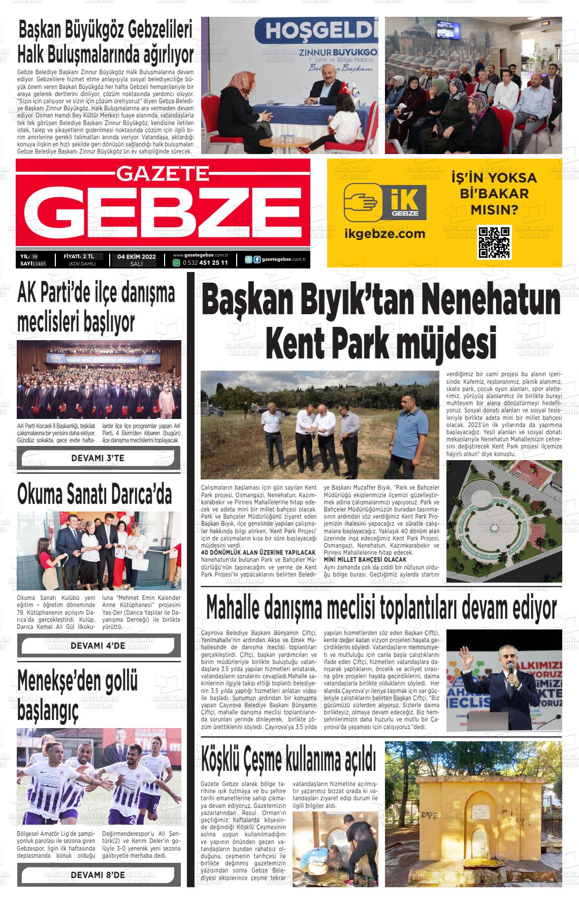 04 Ekim 2022 Gebze Gazete Manşeti
