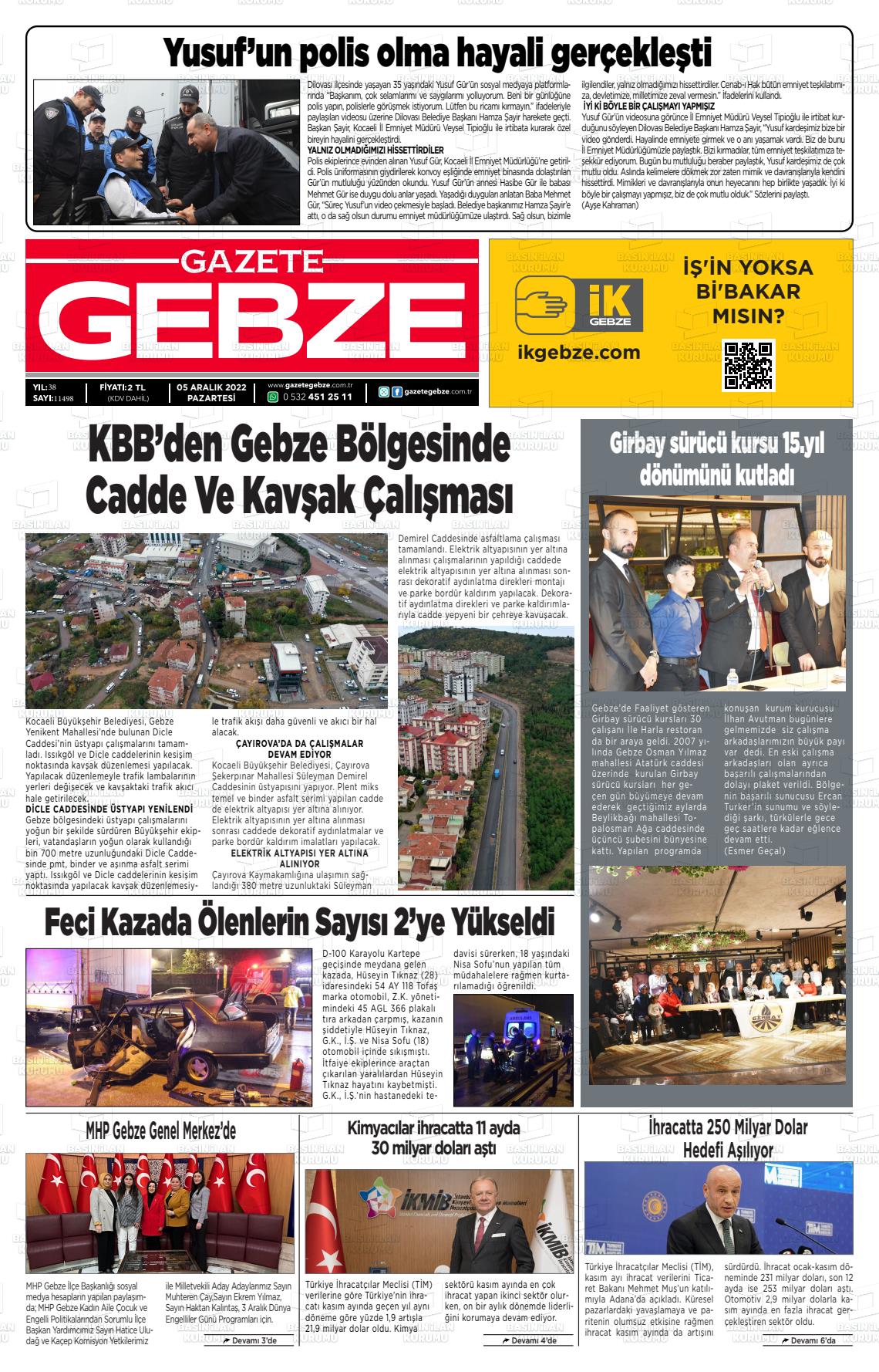05 Aralık 2022 Gebze Gazete Manşeti