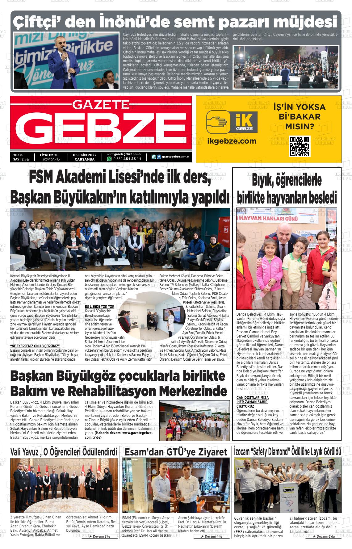 05 Ekim 2022 Gebze Gazete Manşeti