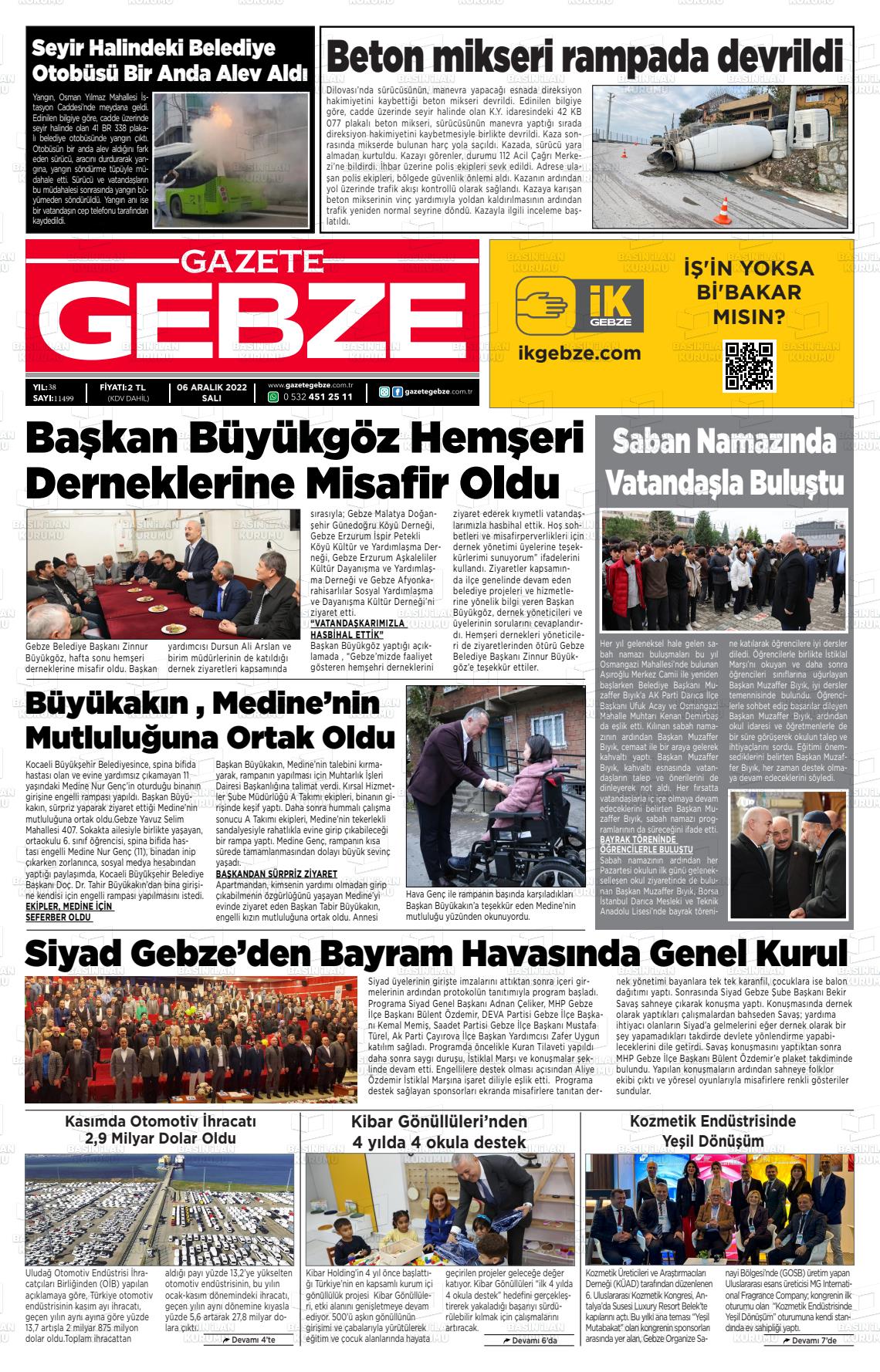 06 Aralık 2022 Gebze Gazete Manşeti