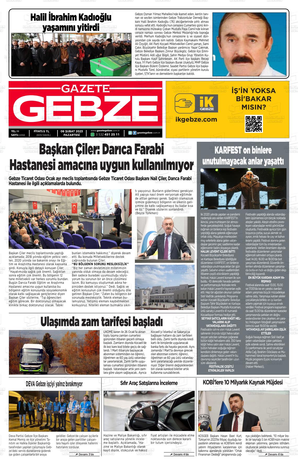 06 Şubat 2023 Gebze Gazete Manşeti