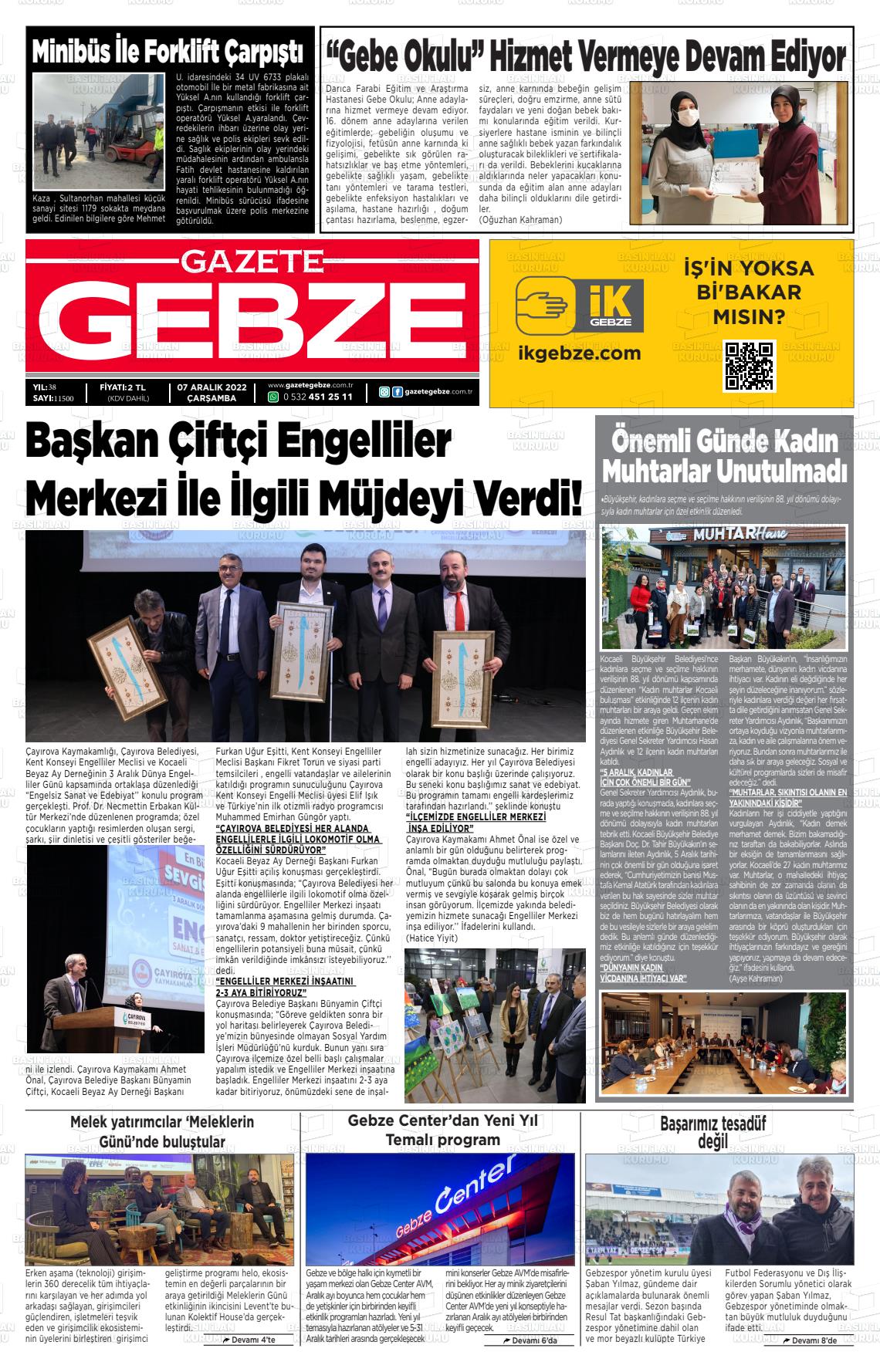07 Aralık 2022 Gebze Gazete Manşeti