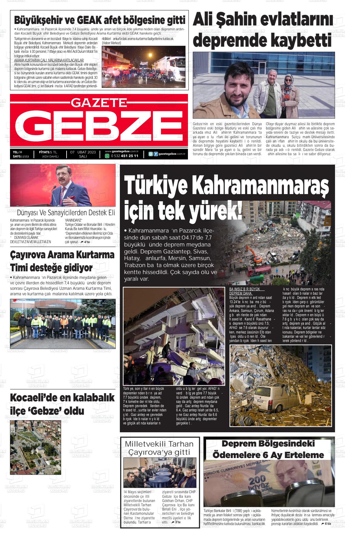 07 Şubat 2023 Gebze Gazete Manşeti