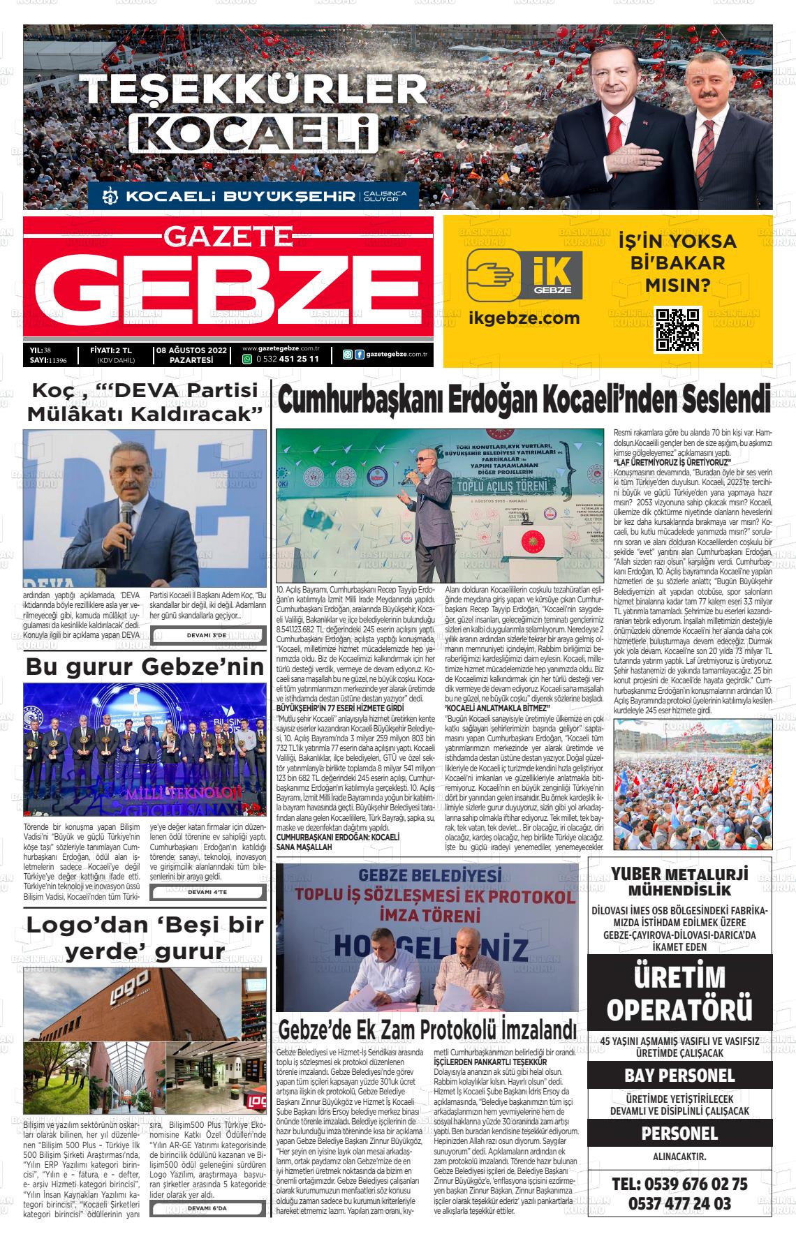 08 Ağustos 2022 Gebze Gazete Manşeti
